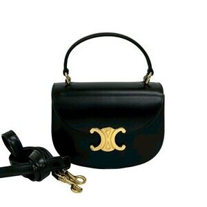CELINE Mini Besas Claire Calfskin 2-Way Handbag/Shoulder Bag, Black, 67136